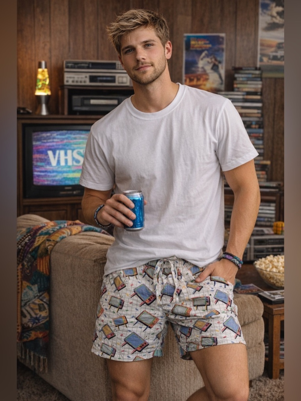 Alpha Beta Retro TV Print Shorts Medium 80s 90s Lounge Beach Fun